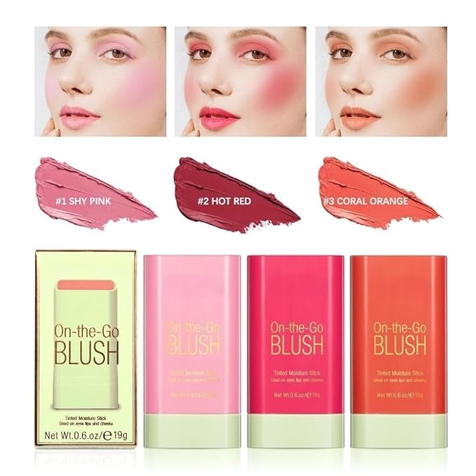 Blush Rare Beauty Liquid Blush Cream Blush Stick For Cheeks Natural Blendable Powder Blusher Stick On The Go Blush Brushes For Makeup Cheeks,Natural Waterproof, Long Lasting (3PC)-VivaGrace Women