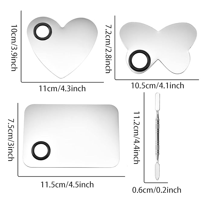 6 in 3 Set Makeup Mixing Palettes, 2 Pcs Stainless Steel Nail Art Palette with 2 Makeup Spatula for Foundation Makeup Tools Eyeshadow Nail Art (4 in 2 Silver Heart Rectangular)-VivaGrace Women