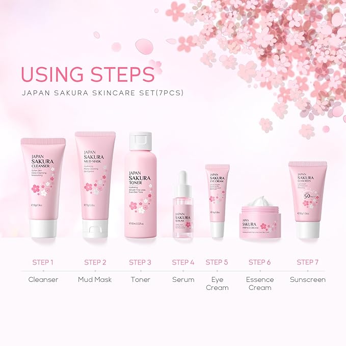 Skin Care Set JAPAN-SAKURA Women Beauty Gift Sets Skin Care Kit, Self-Care Skincare Set: Cleanser,Toner,Serum,Cream,Mud Mask,Eye Cream,Sunscreen, Facial Kit for Women Teen Girls Mom Daughter 7pcs-VivaGrace Women