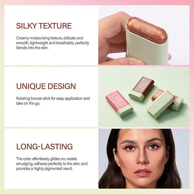 Multi-Use Makeup Blush Stick, Cream Blush Stick, Tinted Solid Moisturizer Stick for Cheek & Eyes & Lips, Waterproof Natural Nude Makeup, Suitable for All Skin (2#Soft Glow)-VivaGrace Women