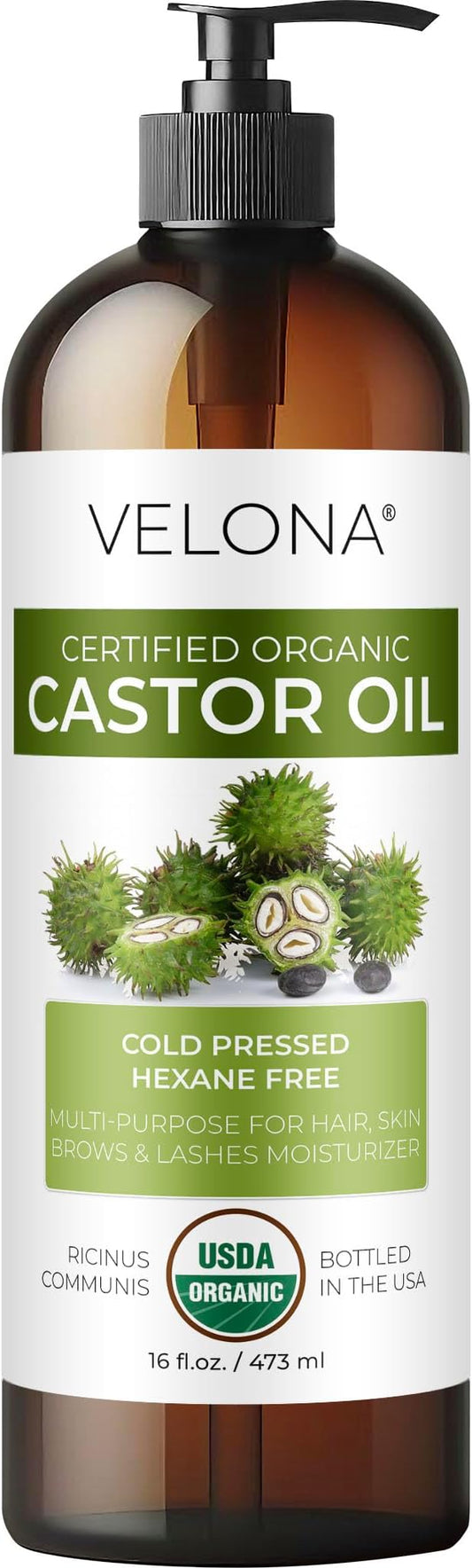velona USDA Certified Organic Castor Oil - 16 fl oz (With Pump) | For Hair Growth, Boost Eyelashes, Eyebrows | Cold pressed, Natural Oil, USP Grade | Hexane Free, Lash Serum, Caster-VivaGrace Women