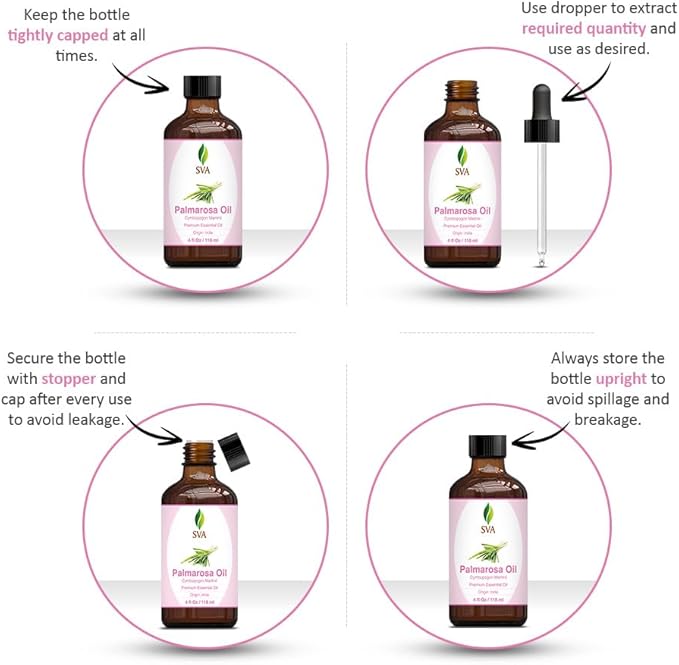 SVA Palmarosa Essential Oil – 4 Fl Oz – 100% Natural Palmarosa Oil - for Diffuser, Hair Care, Face, Skin Care, Aromatherapy, Scalp and Body Massage, Soap and Candle Making – with Dropper-VivaGrace Women