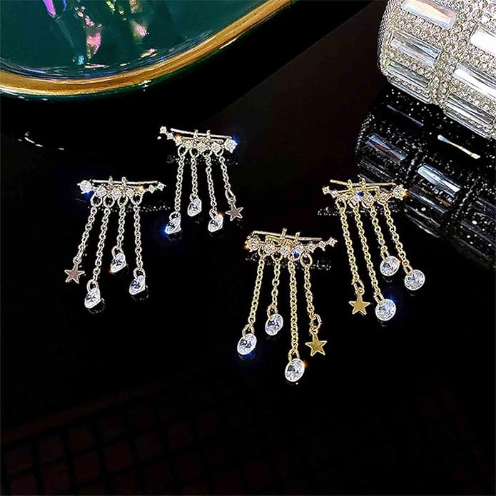 Boho Star Ear Jacket Earrings Gold Cz Star Ear Climber Earrings Crystal Chain Tassel Earrings Crystal Ear Crawler Long Chain Earrings Jewelry for Women and Girls Gifts-VivaGrace Women