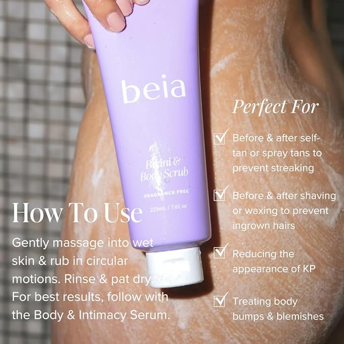 Beia Bikini & Body Scrub - Gentle Exfoliating Body Scrub with Glycolic Acid & Rice Extract - Fights Ingrown Hairs KP Bumps & Dry Skin - Hydrating & Soothing for Sensitive Skin 7.6 Oz-VivaGrace Women