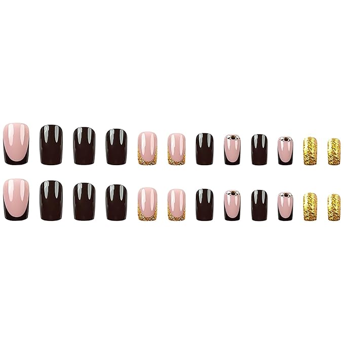 Medium Square Press on Nails French Tip Fake Nails Gold Glitter False Nails with Rhinestones Designs Sparkly Glue on Nails Acrylic Artificial Nails Cute Stick on Nails for Women 24Pcs