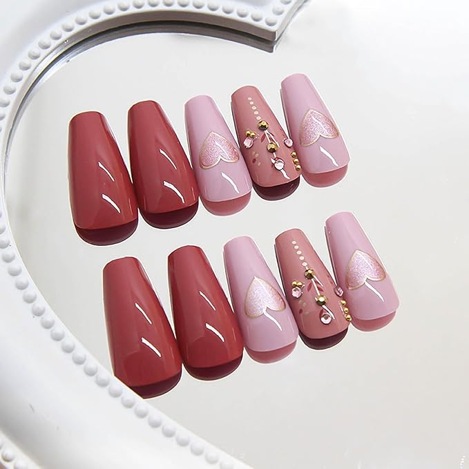 Coffin Press on Nails Medium Fake Nails Red False Nails with Glitter Heart Designs Fall Nail Press ons Glossy Artificial Nails Full Cover Glue on Nails Cute Stick on Nails for Women 24Pcs