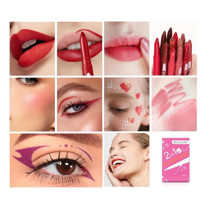 ibcccndc 6PCS Lip Liner and Lipstick Set - High Pigmented Creamy Matte Lip Liner Pencil Set for Girls and Women, Lip Makeup Gift Sets - Includes Nude and Red Lip Liners, Waterproof Formula (A)-VivaGrace Women
