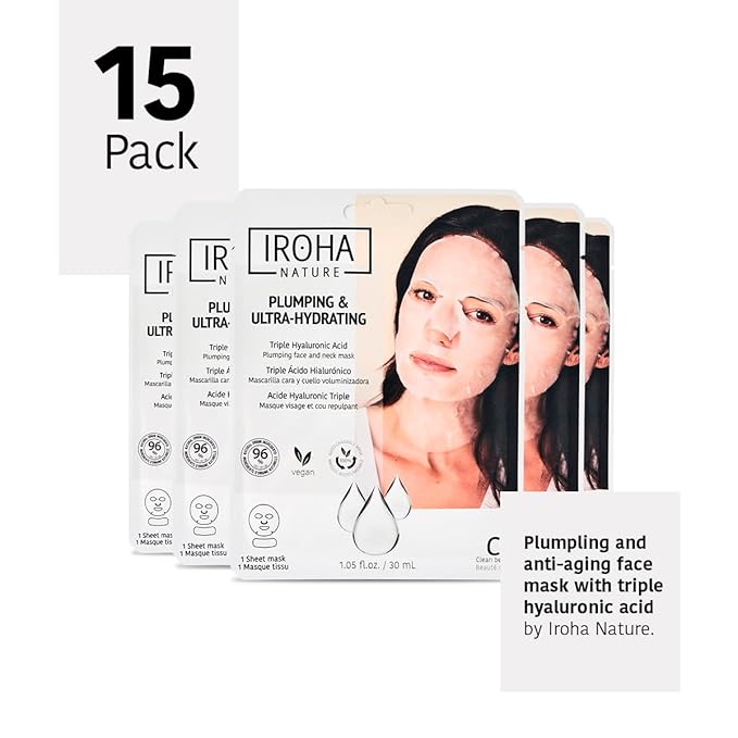 IROHA NATURE Replumping & Anti-Aging Tissue Face Mask (Pack of 15) | With Triple Hyaluronic Acid | Deep Hydration & Anti-Aging Effect | Softer, Calmer Skin | 100% Vegan-VivaGrace Women