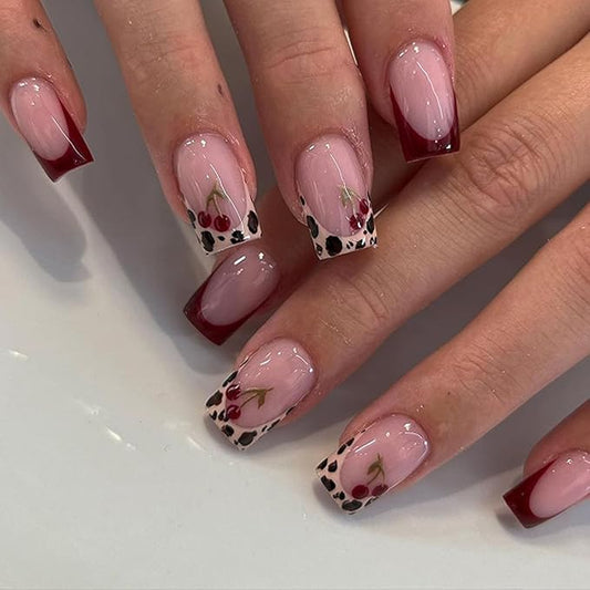 French Tip Press On Nails Square Short, Leopard Cherry French Tip Short acrylic Press on Nails for women, 12Sizes-24Pcs Reusable Stick Cute Fake Nails Kit with Glue For Women, Salon Quality