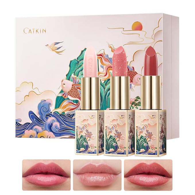 CATKIN Lip Balm Set Color Tinted Changing Lipstick Ultra Hydrating Lip Moistrurizer Chapstick with Vitamin E Nourishing For Cracked & Dry Lips 0.12 oz 3pcs Gift Box(01+06+10)-VivaGrace Women