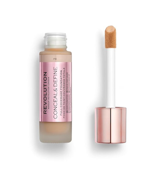 Revolution Beauty, Conceal & Define Foundation, Full Coverage, Long-Lasting Matte Finish, Vegan & Cruelty Free, F8 Light to Medium Skin Tones, 0.8 Fl.Oz.-VivaGrace Women