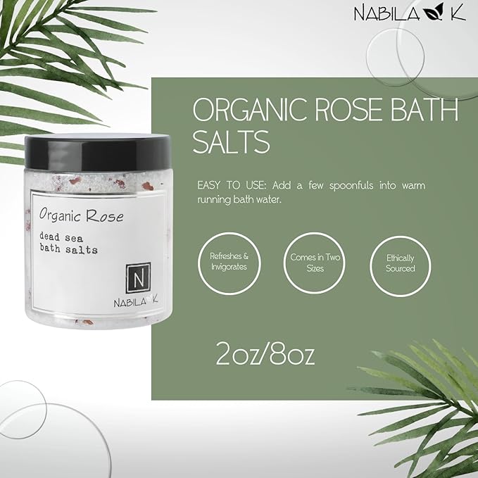 Organic Rose Bath Salts by Nabila K - Dead Sea Salt & Epsom Salt Scrub & Soak - Exfoliates & Hydrates Skin, Botanical Essential Oils - Bubble Bath Accessories for All Skins Types, 2 oz-VivaGrace Women