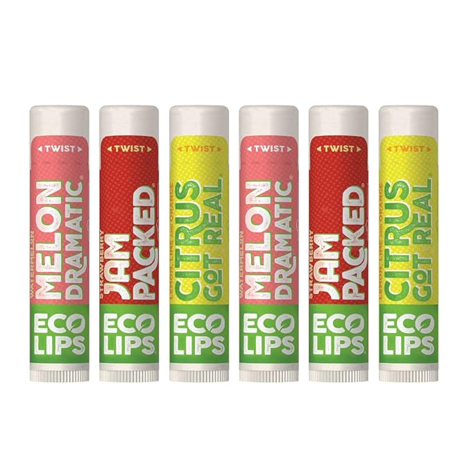 Eco Lips Freshly Squeezed Organic Fruit Lip Balms - Citrus Got Real (Lemon/Lime), Melondramatic (Watermelon), Jam Packed (Strawberry) Plastic-Free Plant Pod 6-pack by Eco Lips 100% Natural.-VivaGrace Women