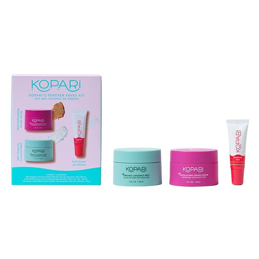 Kopari Forever Faves Bundle | Mini Organic Coconut Melt, Exfoliating Mini Coconut Crush Scrub, Clear Moisturizing Lip Glossy | Body and Lip Kit to Soothe and Hydrate Dry Skin | Cruelty Free, Vegan-VivaGrace Women
