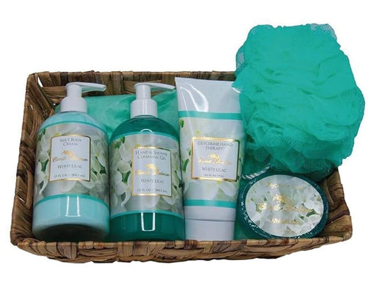 Camille Beckman Essentials Gift Basket, White Lilac, Glycerine Hand Therapy 6 oz, Silky Body Cream 13 oz, Hand and Shower Cleansing Gel 13 oz, Glycerine Soap 3.5 oz-VivaGrace Women