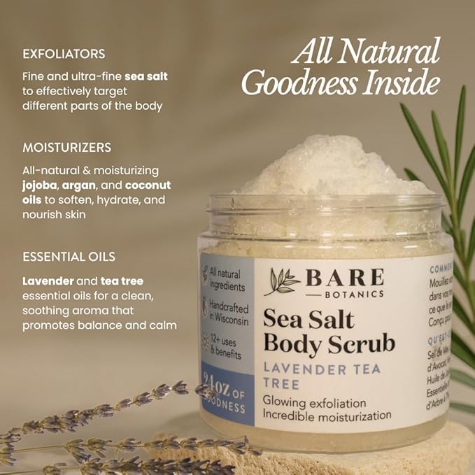 Bare Botanics Lavender Tea Tree Body Scrub 24oz | Made in Madison, WI | All Natural Sea Salt Exfoliator w/ Skin Loving Moisturizers | Vegan & Cruelty Free | Gift Ready Packaging w/ a Cute Wooden Spoon-VivaGrace Women