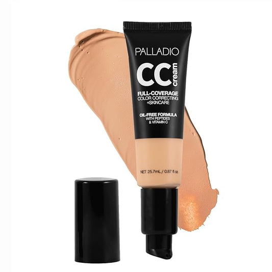 Palladio Full-Coverage Color Correction CC Cream, Oil-Free with Peptides & Vitamin C, Best for Correcting Redness and Uneven Skin Tone, Buildable Foundation Coverage (Med 32W)-VivaGrace Women
