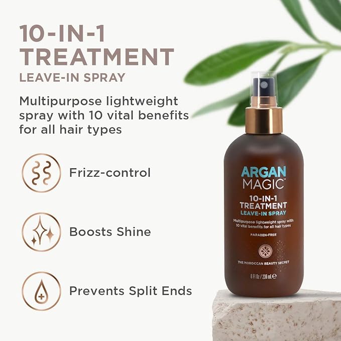 Argan Magic 10 in 1 Hair Treatment & Stylizing Multipurpose Leave in Spray for all Hair Types | Made in USA | Paraben Free | Cruelty Free (8 oz)-VivaGrace Women