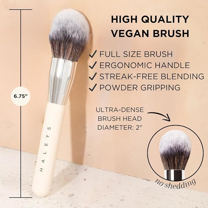 HALEYS Powder Brush VEGAN+CRUELTY-FREE, Soft, Streak-free, Perfect Blending, Buff, Blurs, Smooths, Control, Precision, Complexion tools, For powder, setting powder, blush, Sustainable Wood Handle-VivaGrace Women