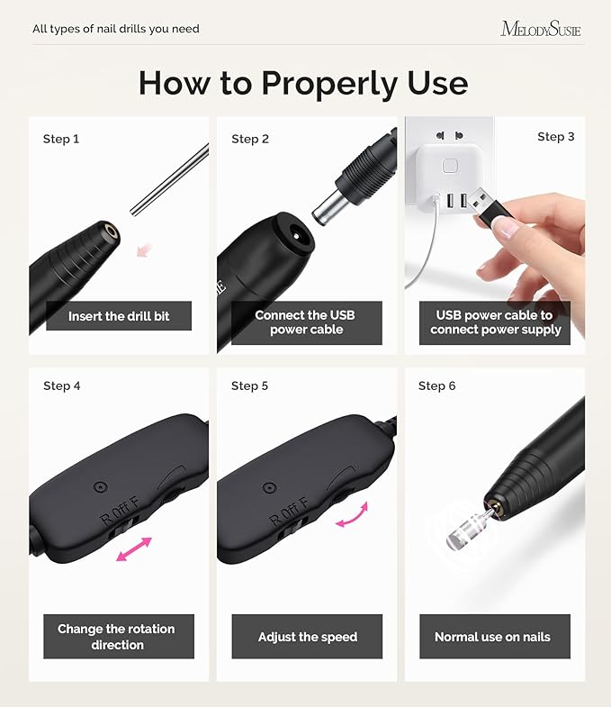 MelodySusie Electric Nail Drill Machine,PC120I Portable Electric Nail File Efile Set for Acrylic Gel Nails, Manicure Pedicure Tool with Nail Drill Bits Sanding Bands Dust Brush, Black-VivaGrace Women