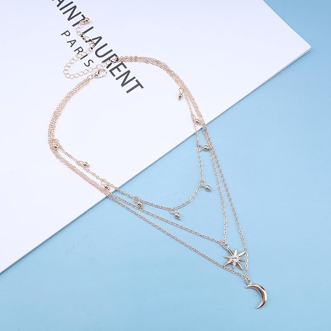 Bohemia Layered Star Choker Necklace Crescent Moon Pendant Necklace Chain Crystal Star Choker Necklace Gold Moon Necklace Jewelry for Women and Girls-VivaGrace Women