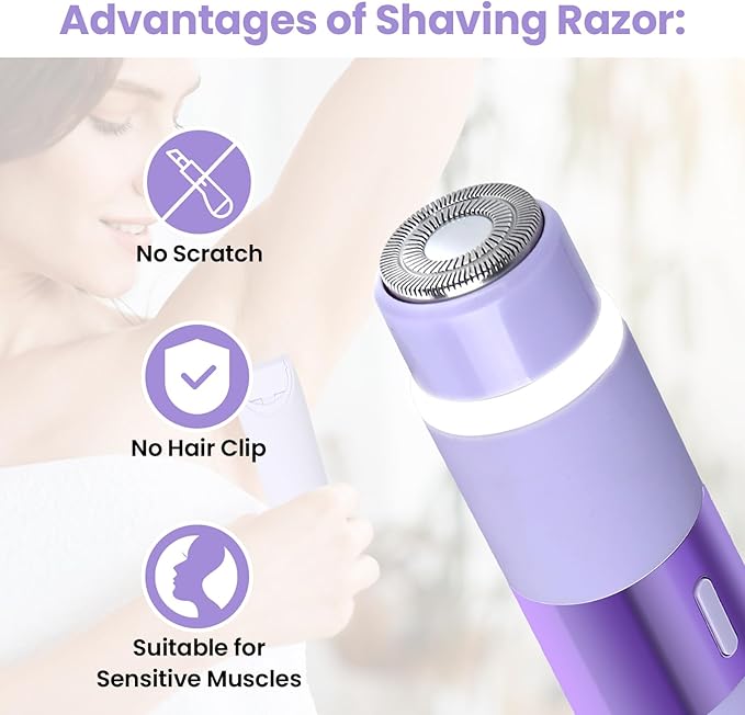 Bikini Trimmer for Women, Glow Aura Womens Shaver, Quiet Dual Head Waterproof Cordless Rechargeable Painless Trimmer for Underarms, Legs, Body (Purple)-VivaGrace Women
