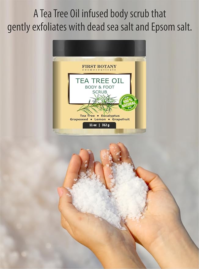 First Botany 100% Natural Tea Tree Oil Body & Foot Scrub with Salt - Best for Acne, Dandruff and Warts, Corns, Calluses, Athlete foot, Jock Itch & Body Odor-VivaGrace Women