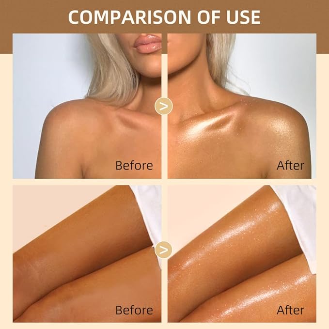 40ml Body Shimmer Oil,Face and Body Liquid Luminizer,Smooth Body Shimmer Oil For Sunshine Bath, Waterproof Moisturizing Light Shimmer Glow Illuminator,Liquid Highlighter Makeup,Makeup Brush Include (5#-Gold)-VivaGrace Women