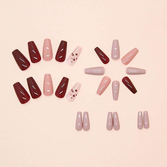 Coffin Press on Nails Medium Fake Nails Red Brown False Nails with Heart Designs Holiday Nail Press ons Glossy Artificial Nails Natural Stick on Nails for Women 24Pcs