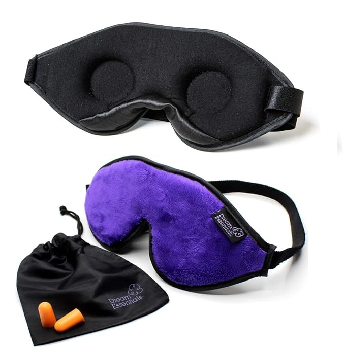 Dream Essentials, Escape 3D Sleep Mask, Earplugs, Carry Pouch Set, Molded Eye Shade, Men and Women, Contoured, Nose Bridge, Light Block, Memory Foam, Gift Set, Travel, Yoga, Blindfold, Deep Purple-VivaGrace Women
