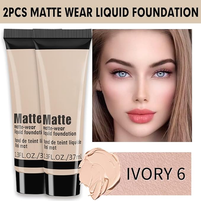 2 Pack Liquid Foundation Cream for Face Makeup,Durable Full Coverage Matte Concealer Make Up,Oil Control & Waterproof Base Primer -1+1 Fl.Oz (IVORY 6#)-VivaGrace Women
