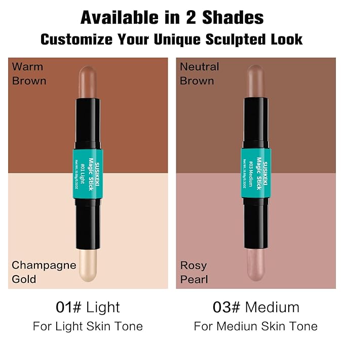 Contour Stick, 2Pcs Dual-Ended Highlighter Makeup Pen & Contouring Stick for Face Shaping, Long Lasting Waterproof Cream Bronzer & Highlight Sticks Make Up Kit for All Skin Tones(01# + 03#)-VivaGrace Women