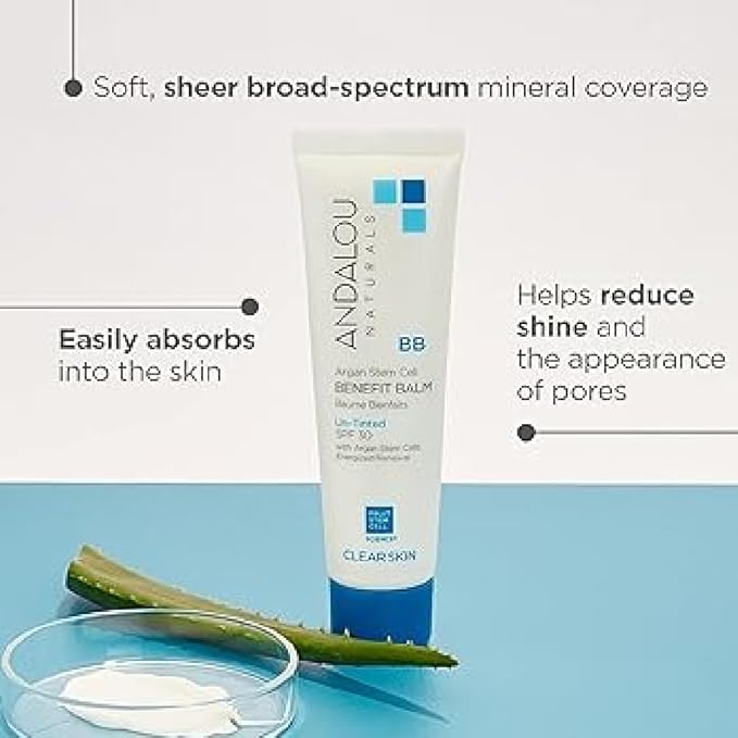 Andalou Naturals CLEAR SKIN Argan Stem Cell BB Benefit Balm, Un-Tinted SPF 30, 2-in-1 BB Cream & Face Sunscreen with Broad Spectrum Protection, Mineral Sunscreen for Oily Skin, 2 Fl Oz-VivaGrace Women