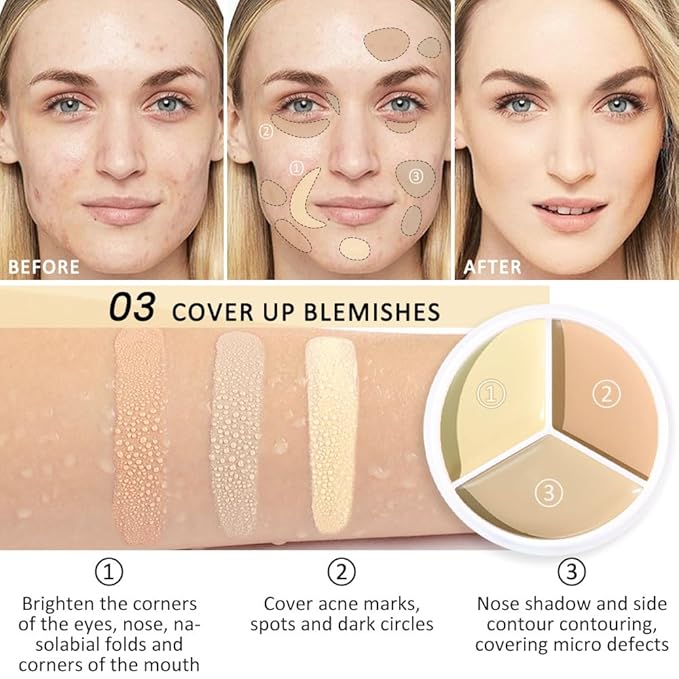 Kaely 3Pcs Tri Color Concealer Pot,Color Correcting Concealer for Dark Circles Spots,Cream Concealer Full Coverage,Foundation Contour Makeup Palettes,under Eye Brightener corrector de ojeras,01+02+03-VivaGrace Women