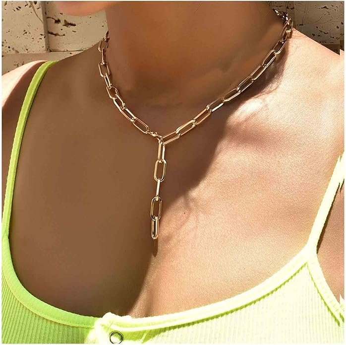 Boho Link Chain Y Necklace Gold Chain Lariat Necklace Chunky Chain Drop Necklace Paperclip Statement Necklace Jewelry for Women-VivaGrace Women