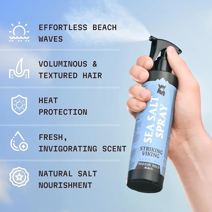 Striking Viking Sea Salt Spray for Men - Strong Hold - 200ml (6.76 Fl Oz) Blue Ocean - Texturizing, Volumizing & Curl Enhancing - Paraben Free - Sea Salt Spray for Hair Women-VivaGrace Women