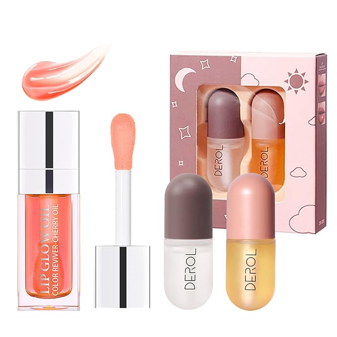 Plumping Lip Oil, Hydrating Lip Glow Oil Cherry, Plumper Lip Gloss Oil Set Clear, Lip Oil Tinted for Lip Care and Dry Lips, Long Lasting Nourishing Lip Glow Oil,Lip Plumper Gloss(001 PINK)-VivaGrace Women