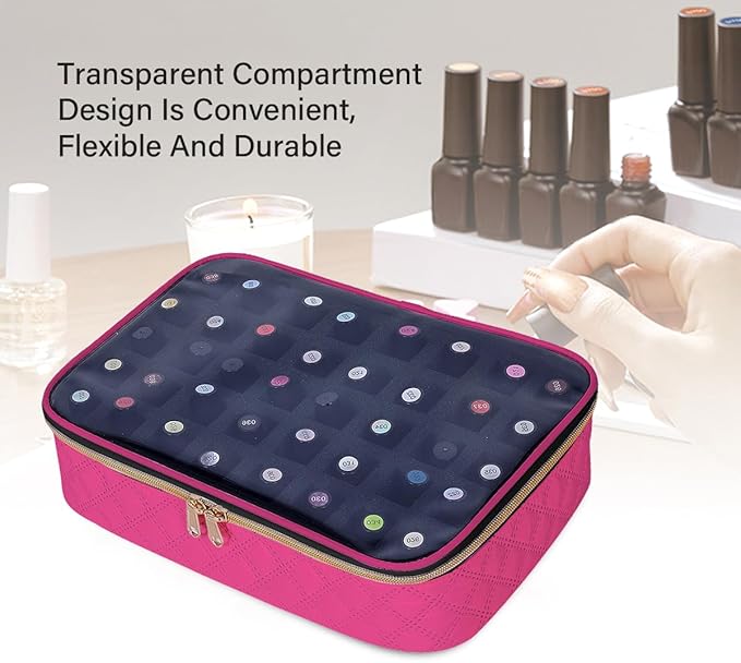 Nail Polish Bag organizer-Holds 40 bottles(15ml-0.5fl.oz)，Nail Polish Carrying Case Clear Multifunctional Cosmetic Travel Cases Makeup Bags Rose Red