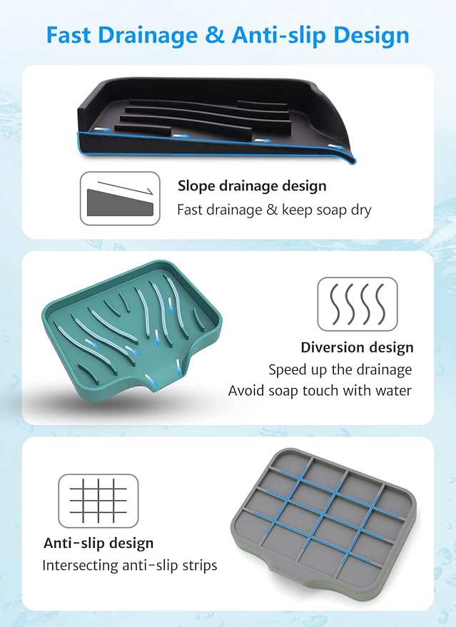3-Pack Premium Soap Dishes, Easy to Clean Soft Silicone Self Draining Tray/Holder for Shower, Bathroom, Kitchen, Bathtub - Keep Soap Dry, Extend Life-VivaGrace Women