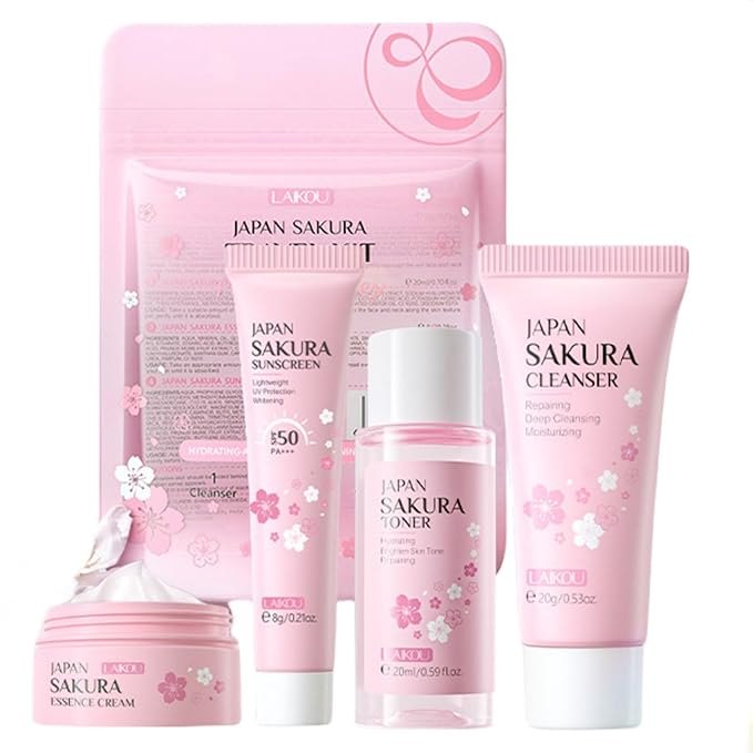 Sakura Travel Skincare Set for Teenage Girls - Face Routine Set for Women,4 Piece Gentle Skin Cleaning & Care Travel Size Kit With Cleanser, Toner, sunscreen and Face Cream-VivaGrace Women