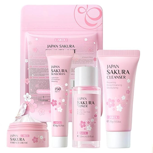 Sakura Travel Skincare Set for Teenage Girls - Face Routine Set for Women,4 Piece Gentle Skin Cleaning & Care Travel Size Kit With Cleanser, Toner, sunscreen and Face Cream-VivaGrace Women
