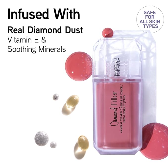 Physicians Formula Mineral Wear®Diamond Filler Cheek & Lip Color, Serum-to-Cream Multi-Use Liquid Blush Formula, Plumps & Smooths for Fuller Looking Cheeks & Lips, Monochromatic Look - Brilliant Peach-VivaGrace Women