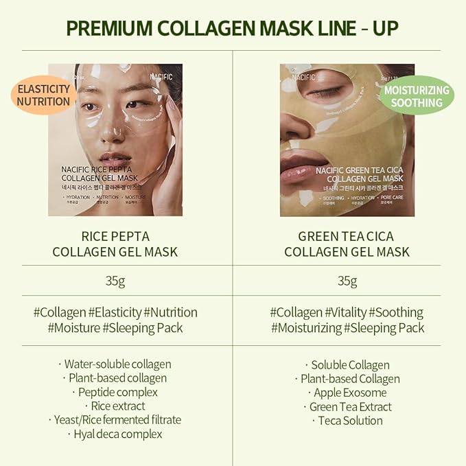 NACIFIC Rice Pepta Collagen Gel Facial Mask (Green Tea Cica) 4EA Set | Overnight Hydrogel Care for All Skin Types, Hydrating, Firming, Elasticity, Pore Minimizing, Glass Glow Skin | Korean Beauty