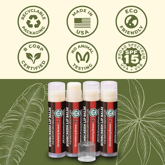 SPF Lip Balm 4-Pack by Earth's Daughter - Lip Sunscreen, SPF 15, Organic Ingredients, Strawberry Flavor, Beeswax, Coconut Oil, Vitamin E - Hypoallergenic, Paraben Free, Gluten Free-VivaGrace Women