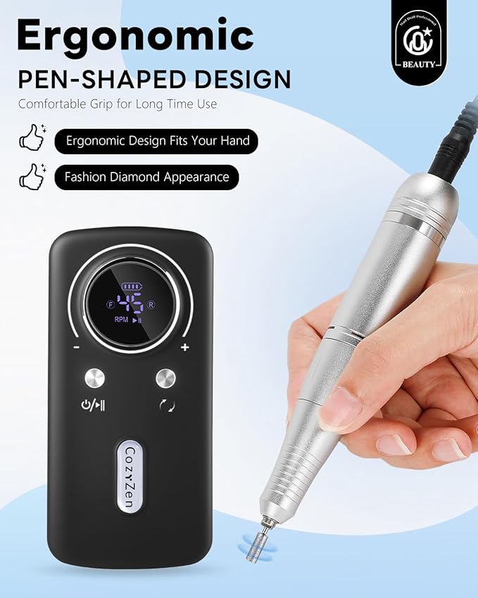 CozyZen Cordless Nail Drill Professional: 45000 RPM Rechargeable Electric Nail File Kit, Portable & Low Noise for Acrylic, Gel Nails, Manicure & Pedicure - Salon & Home Use-VivaGrace Women