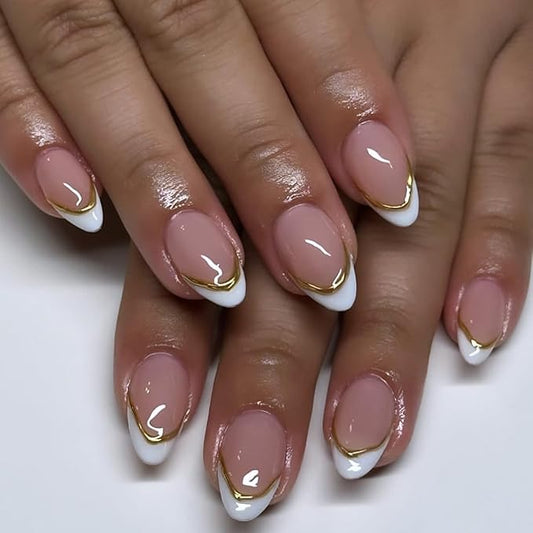 French tip Press On Nails Short almond 30 Pcs, Gold French Tips Designer Reusable Acrylic Fake Nails with Glue, Soft Gel Nails Wedding and Party, Stick On Glue On Nails, Nails for Women