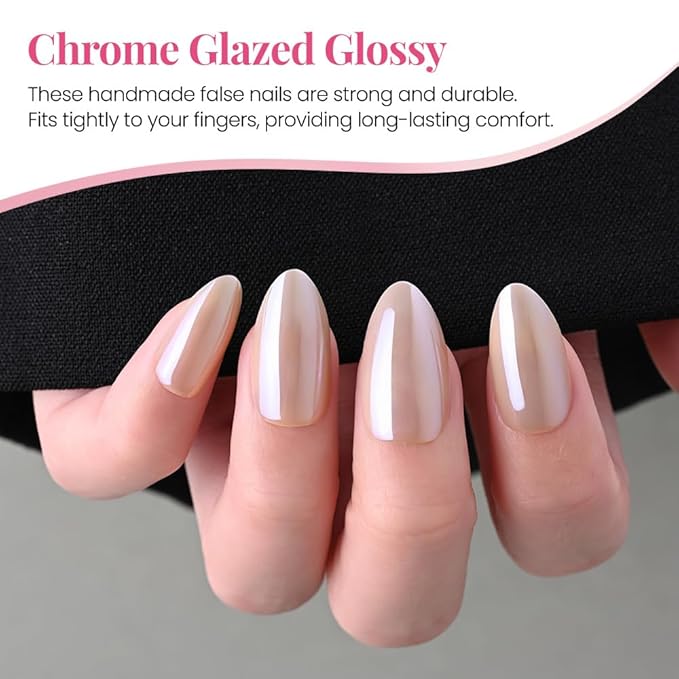 Aurora Chrome Beige Press On Nails Short Almond 30 Pcs, Designer Reusable Acrylic Fake Nails with Glue, Glossy Soft Gel Nails Wedding and Party, Stick On Glue On Nails, Nails fro Women Gift