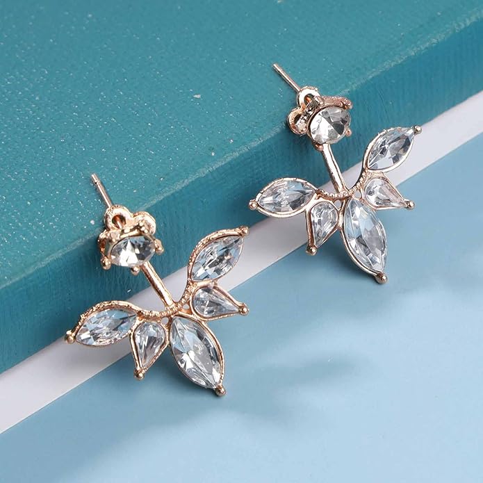 Boho Crystal Lotus Jackets Earrings Gold Crystal Studs Earrings Sparkle Rhinestone Ear Jackets Earrings CZ Ear Climber Earrings Wedding Earrings Jewelry for Women and Girls-VivaGrace Women