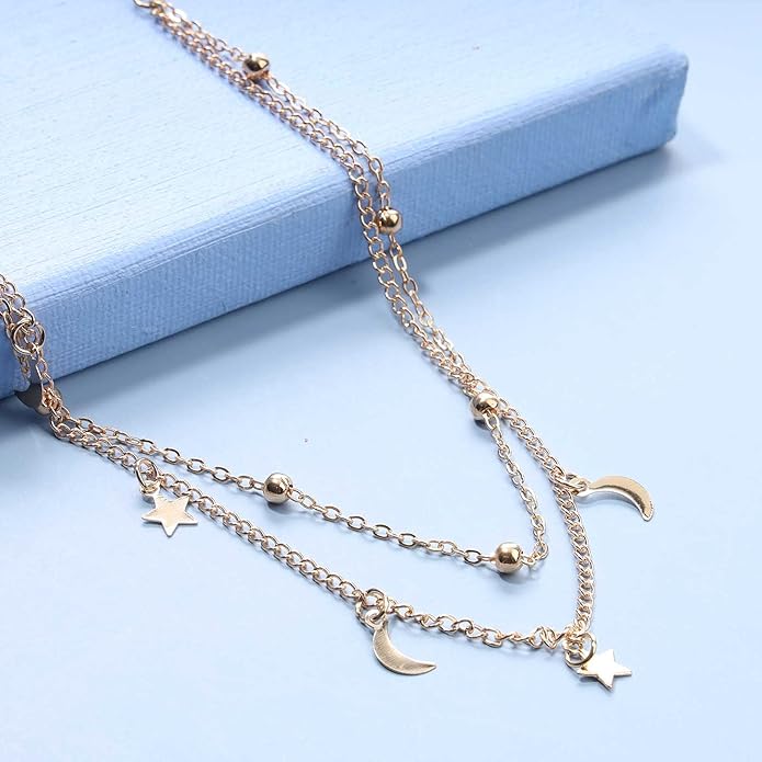 Boho Star Moon Necklace Choker Gold Layered Star Choker Necklace Crescent Moon Necklace Celestial Necklace Chain Festival Jewelry for Women and Girls-VivaGrace Women
