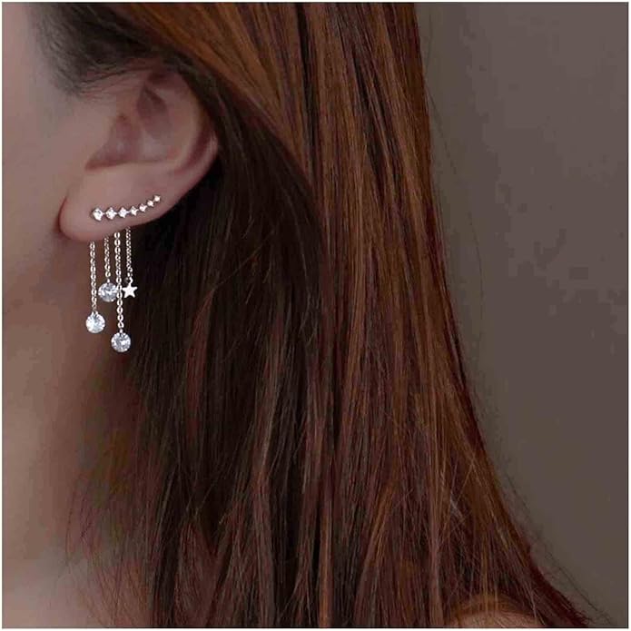 Boho Star Ear Jacket Earrings Gold Cz Star Ear Climber Earrings Crystal Chain Tassel Earrings Crystal Ear Crawler Long Chain Earrings Jewelry for Women and Girls Gifts-VivaGrace Women